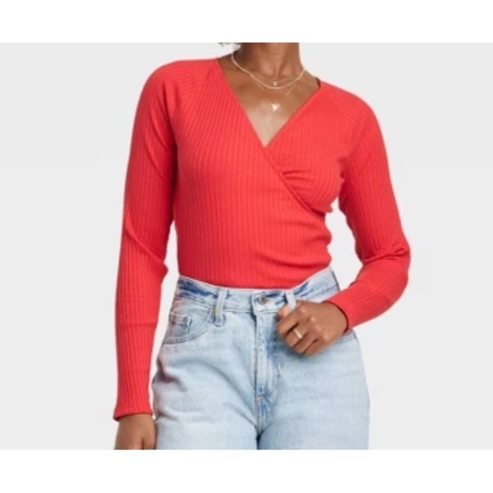 Target Universal Thread Red Ribbed Wrap Top Shirt Long Sleeve size S New